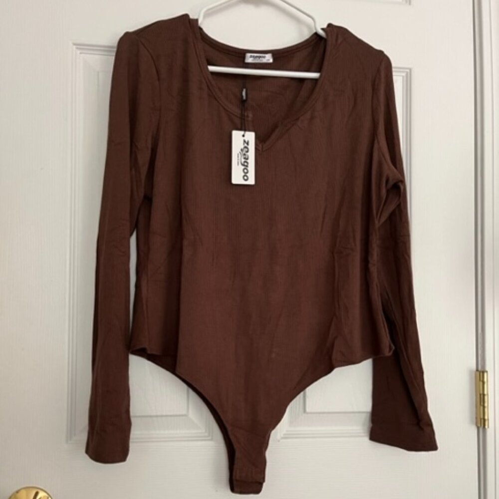 NWT LADIES SIZE XXL ZEAGOO BROWN RIBBED LONG SLEEVE BODYSUITE